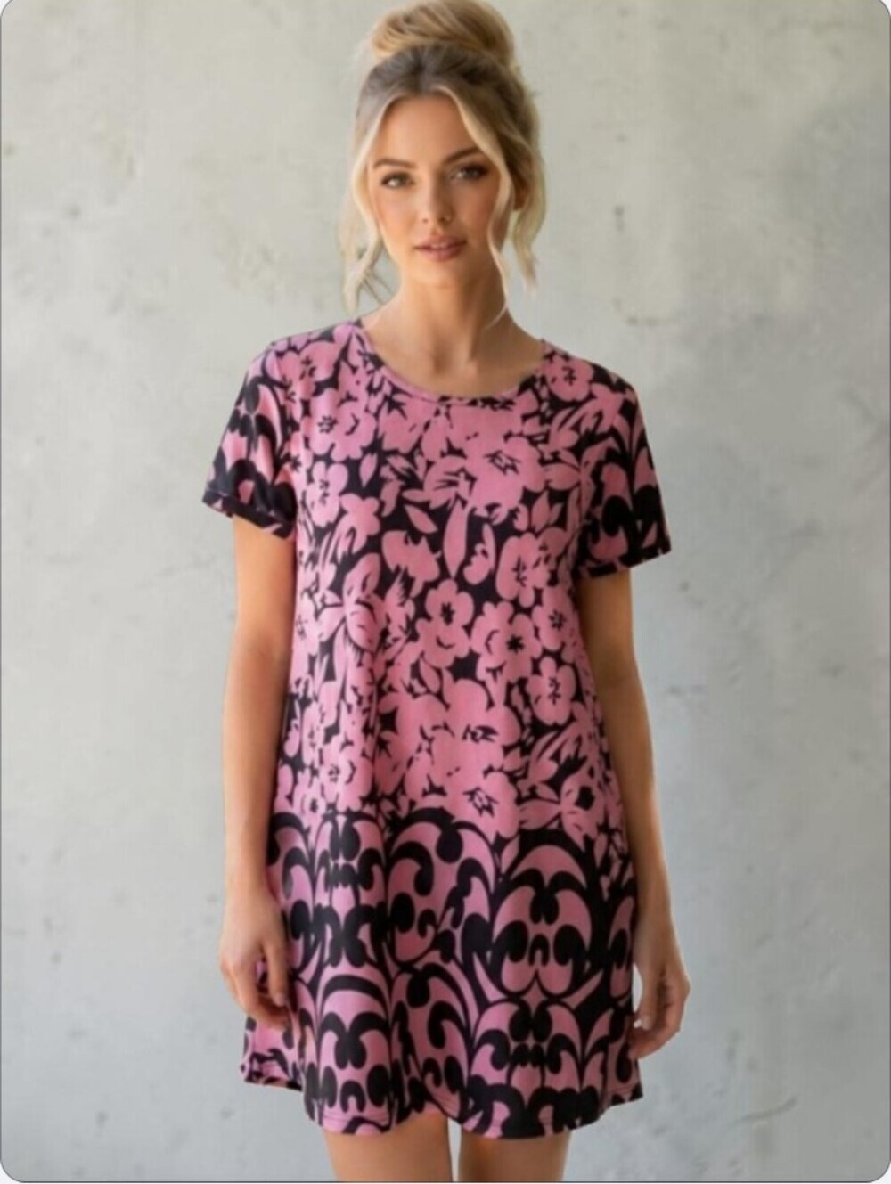 🎉SALE Reborn Pink and Black Floral T-shirt Swing Dress